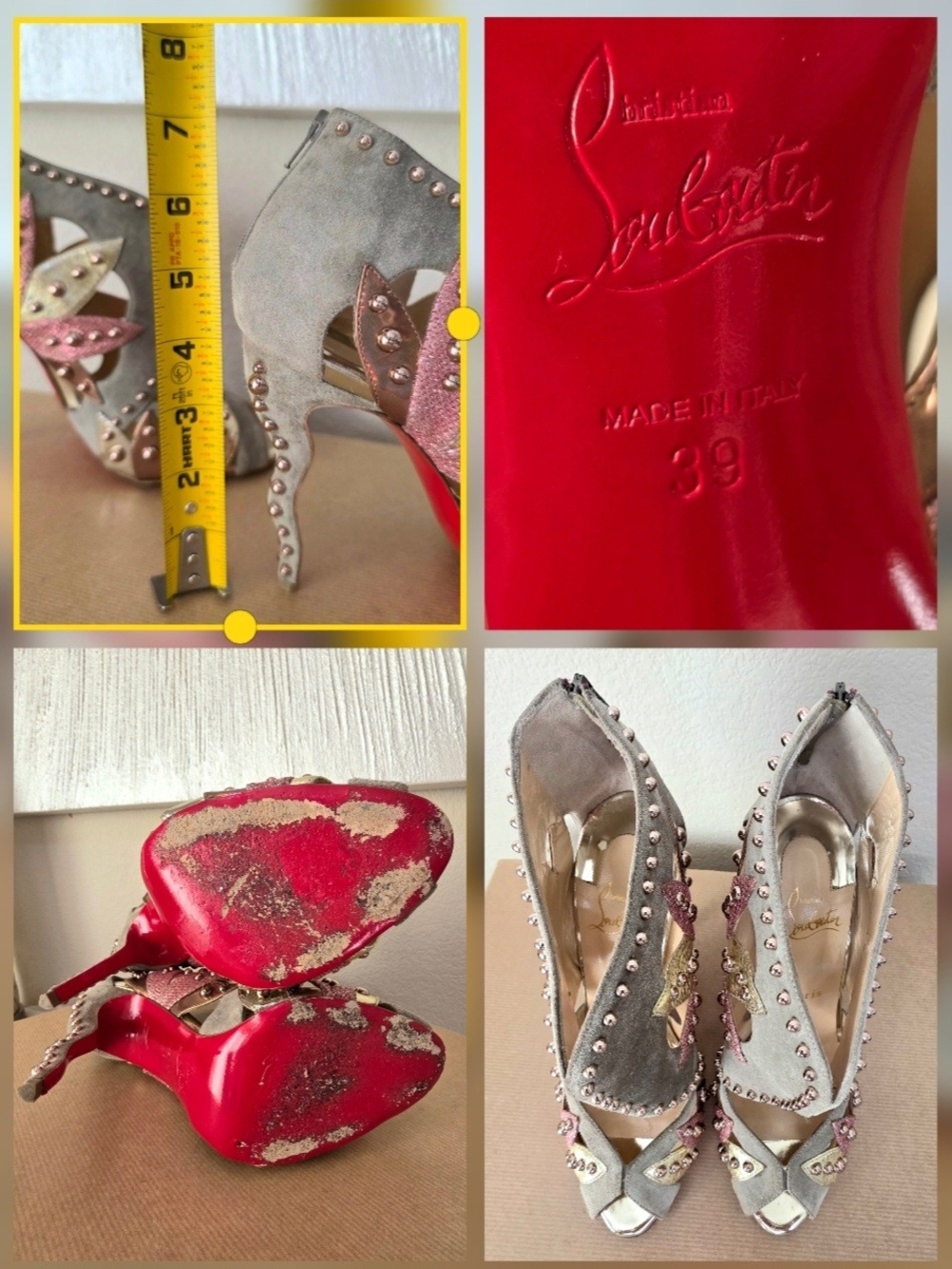 Christian Louboutin Suede Studded Peep Toe Ankle Booties Heel EU 39 / Fit US 8.5 - Picture 12 of 12